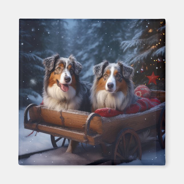 Australian Shepherd Snowy Sleigh Christmas Decor Magnet (Front)