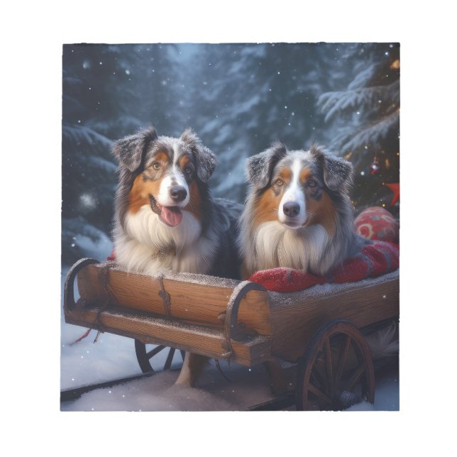 Australian Shepherd Snowy Sleigh Christmas Decor Notepad (Front)