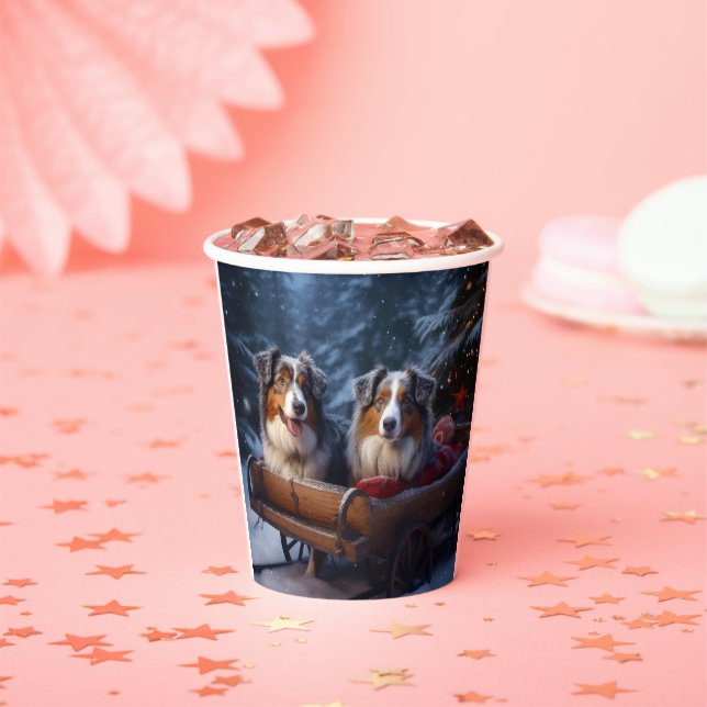 Australian Shepherd Snowy Sleigh Christmas Decor Paper Cups (Insitu)