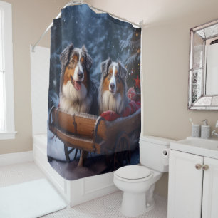 Australian Shepherd Snowy Sleigh Christmas Decor Shower Curtain