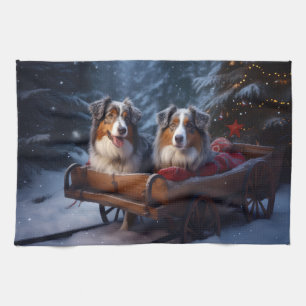 Australian Shepherd Snowy Sleigh Christmas Decor Tea Towel
