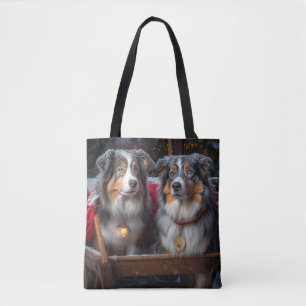 Australian Shepherd Snowy Sleigh Christmas Decor Tote Bag