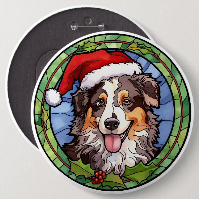 Australian Shepherd Stained Glass Christmas 6 Cm Round Badge (Front & Back)