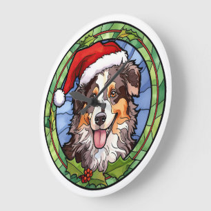 Australian Shepherd Stained Glass Christmas Large Clock