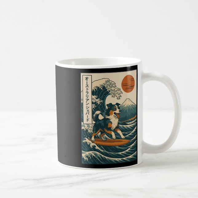 Australian Shepherd Surfing Japanese Wave  Coffee Mug (Right)