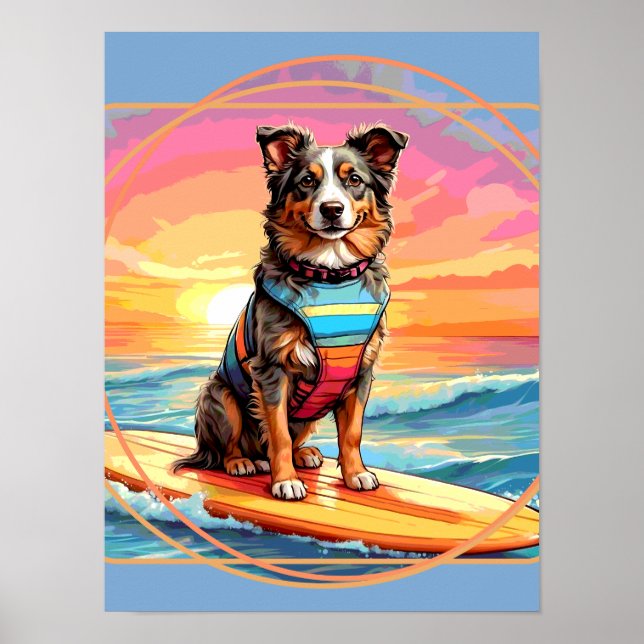 Australian Shepherd Surfing Poster (Front)