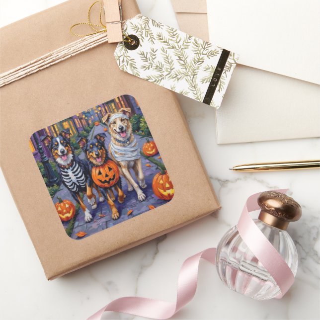 Australian Shepherd Trick-or-Treating in Halloween Square Sticker (Gifting)