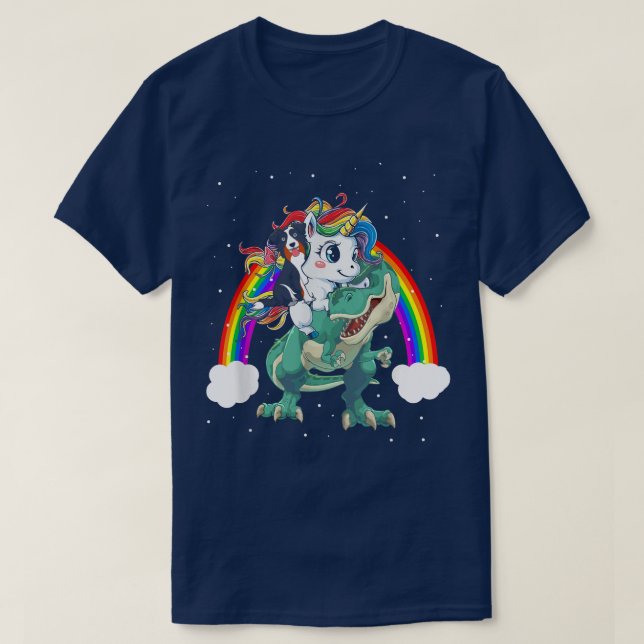 Australian Shepherd Unicorn Riding Dinosaur Tre Ch T-Shirt (Design Front)
