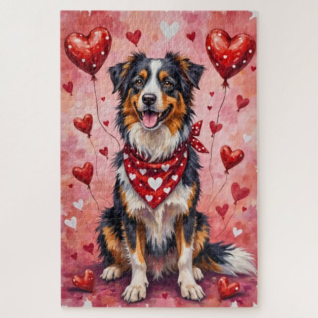 Australian Shepherd Valentine Dog Art with Hearts Jigsaw Puzzle (Vertical)