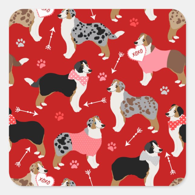 Australian Shepherd Valentine Pattern Square Stick Sticker (Front)