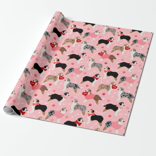 Australian Shepherd Valentine Pattern Wrapping Paper (Unrolled)