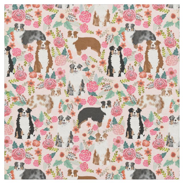 Australian Shepherd vintage florals pink mix Fabric (Close Up)