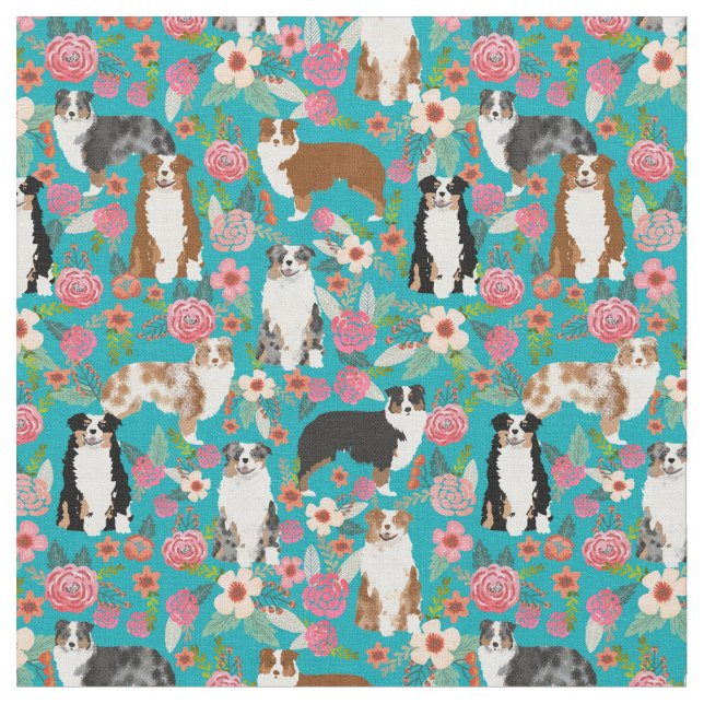 Australian Shepherd vintage florals teal Fabric (Close Up)