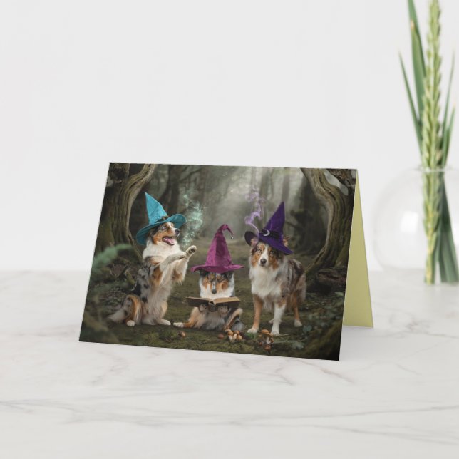 Australian Shepherd Witch Halloween Card (Front)