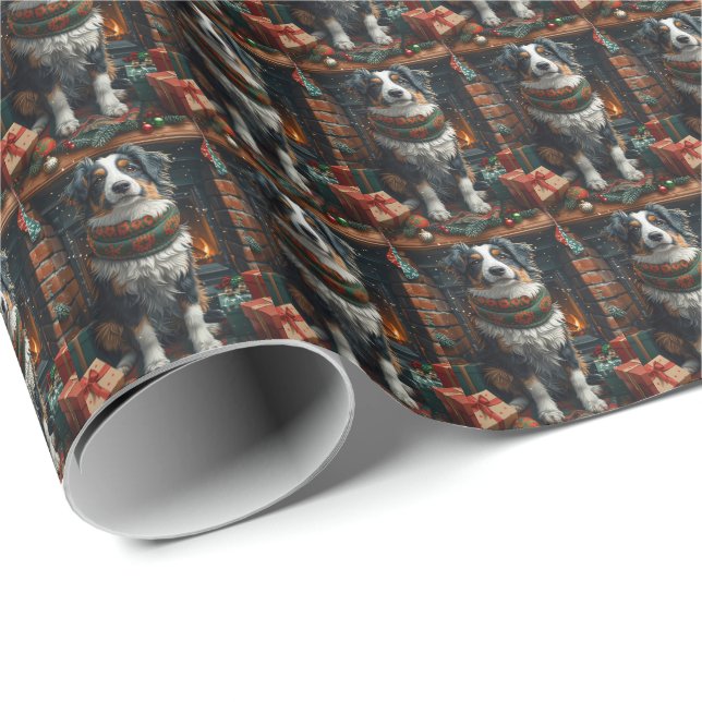 Australian Shepherd with Christmas Gifts Fireplace Wrapping Paper (Roll Corner)