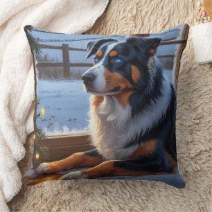 Australian Shepherd With Christmas Lights Holiday Cushion