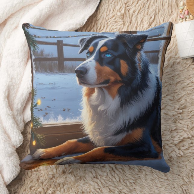 Australian Shepherd With Christmas Lights Holiday Cushion (Blanket)