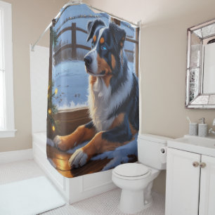Australian Shepherd With Christmas Lights Holiday Shower Curtain