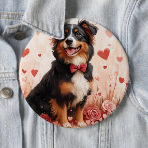 Australian Shepherd with Roses - Valentine's Day 6 Cm Round Badge