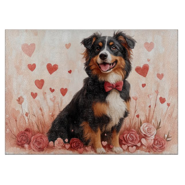 Australian Shepherd with Roses - Valentine's Day  Cutting Board (Front)