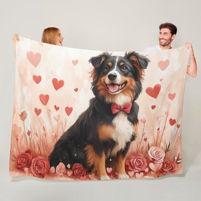 Australian Shepherd with Roses - Valentine's Day  Fleece Blanket (In Situ)