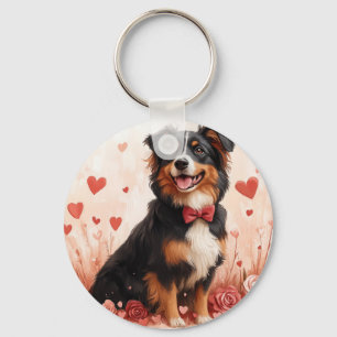 Australian Shepherd with Roses - Valentine's Day  Key Ring