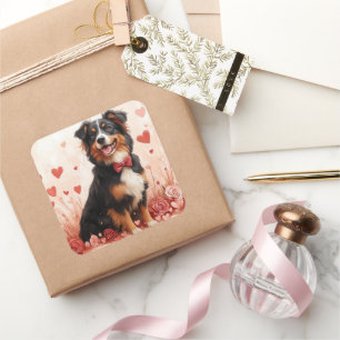 Australian Shepherd with Roses - Valentine's Day  Square Sticker