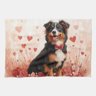 Australian Shepherd with Roses - Valentine's Day  Tea Towel