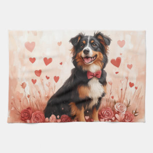 Australian Shepherd with Roses - Valentine's Day Tea Towel