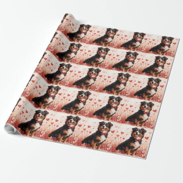Australian Shepherd with Roses - Valentine's Day  Wrapping Paper (Unrolled)