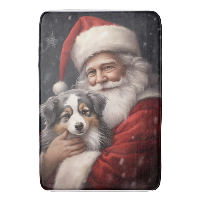 Australian Shepherd with Santa Claus Christmas  Bath Mat (Front Vertical)