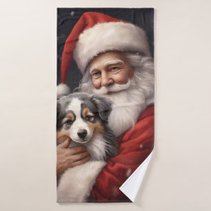 Australian Shepherd with Santa Claus Christmas Bath Towel Set
