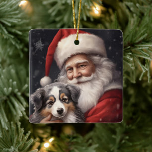 Australian Shepherd with Santa Claus Christmas Ceramic Ornament