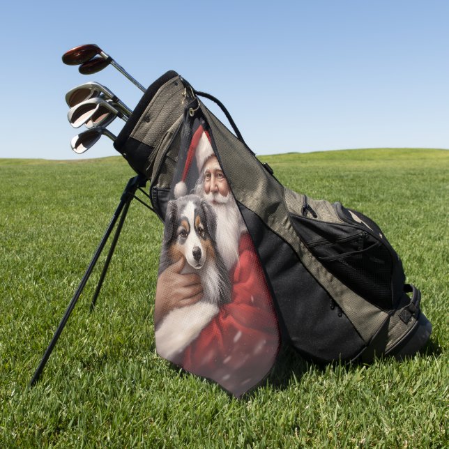 Australian Shepherd with Santa Claus Christmas  Golf Towel (Green)