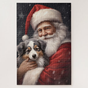 Australian Shepherd with Santa Claus Christmas  Jigsaw Puzzle