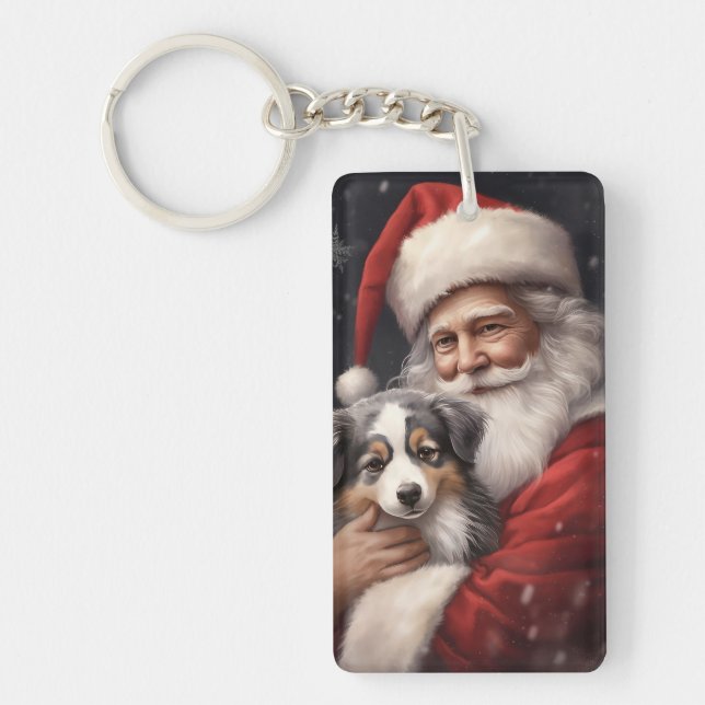 Australian Shepherd with Santa Claus Christmas  Key Ring (Front)