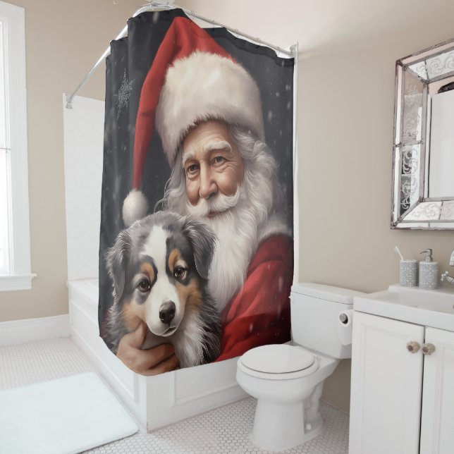 Australian Shepherd with Santa Claus Christmas  Shower Curtain (In Situ)