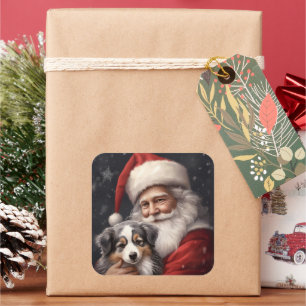 Australian Shepherd with Santa Claus Christmas Square Sticker