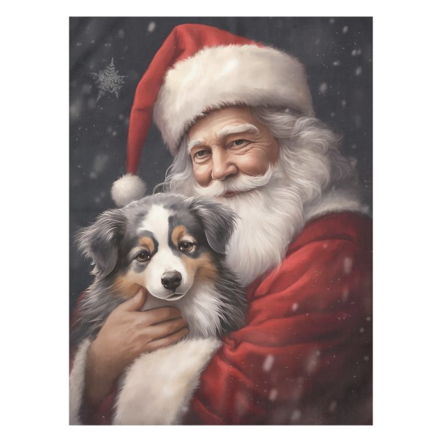 Australian Shepherd with Santa Claus Christmas  Tablecloth (Front)