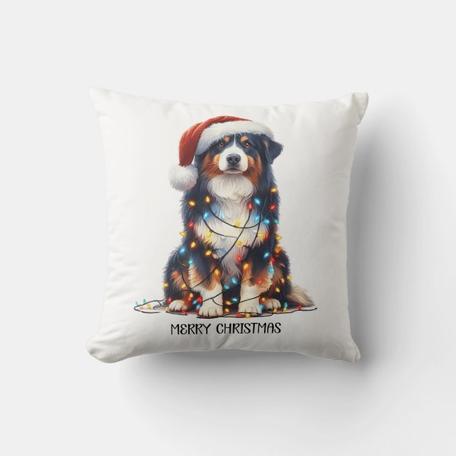 Australian Shepherd Wrapped in Christmas Light Cushion (Front)