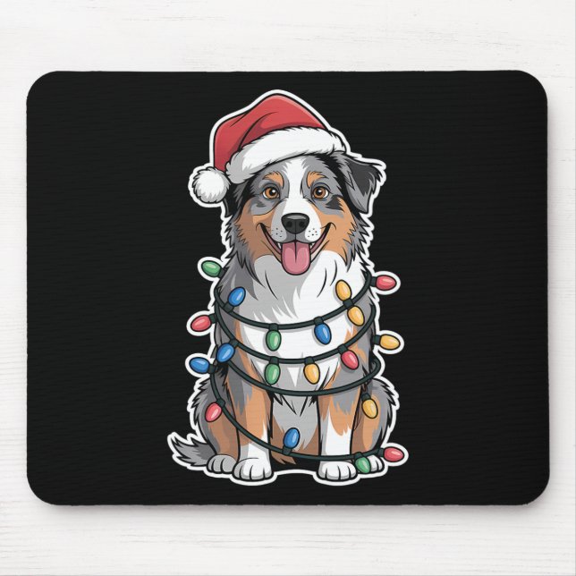 Australian Shepherd Wrapped In Christmas Lights  Mouse Pad (Front)