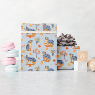 Australian Shepherds Autumn Leaves Bushes Pattern  Wrapping Paper