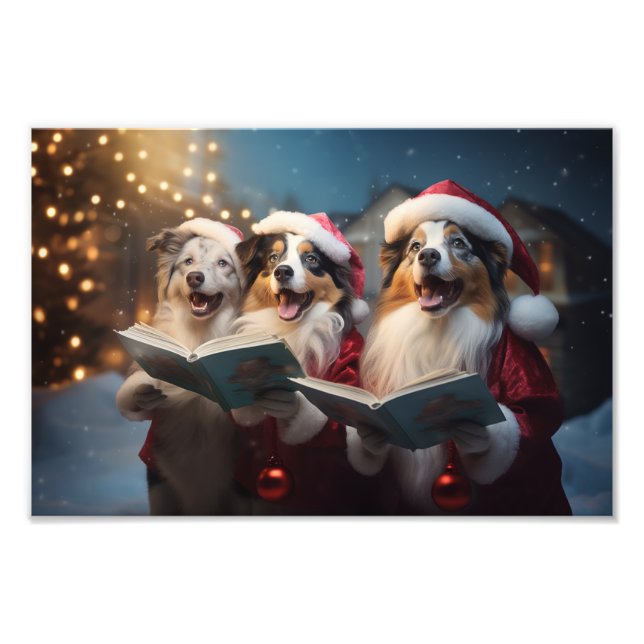 Australian Shepherds Christmas Caroling Holiday Photo Print (Front)