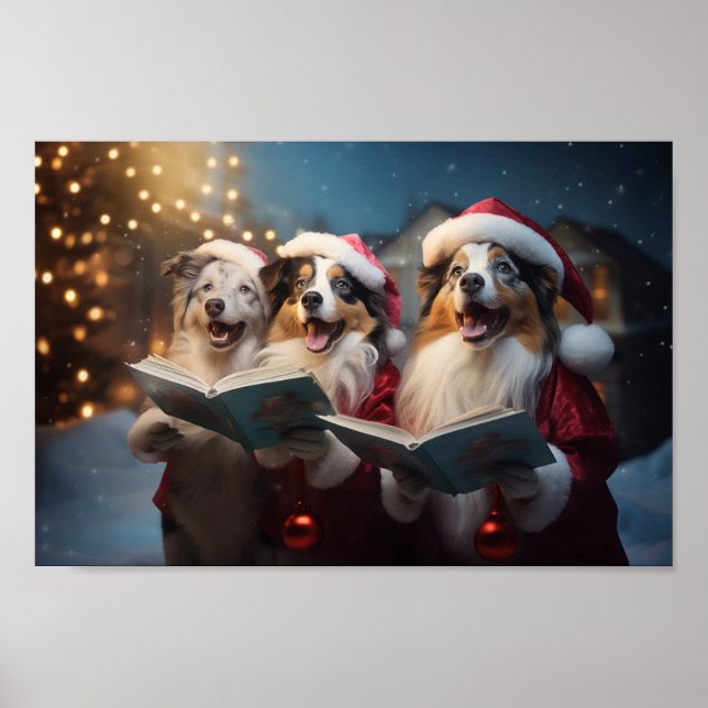 Australian Shepherds Christmas Caroling Holiday Poster (Front)