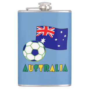 Australian Soccer Ball and Flag Blue Background Hip Flask