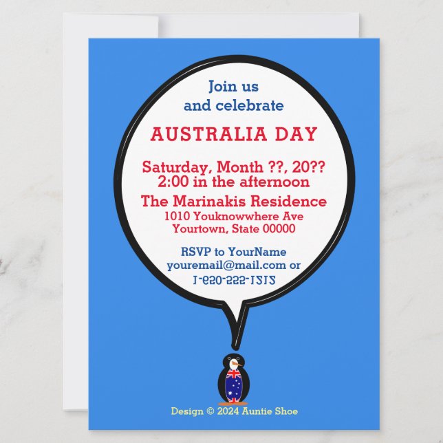 Australian Talking Ms Penguin Personalised  Invitation (Front)