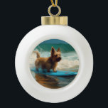 Australian Terrier Beach Surfing Painting  Ceramic Ball Christmas Ornament<br><div class="desc">Immerse yourself in the playful world of canine adventure with this captivating painting. A spirited dog takes to the waves, skilfully riding the surf on a sun-kissed beach. The vibrant artwork beautifully captures the essence of beachside excitement as the dog fearlessly rides the waves, embodying the spirit of fun and...</div>