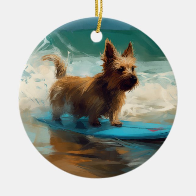 Australian Terrier Beach Surfing Painting  Ceramic Ornament (Front)