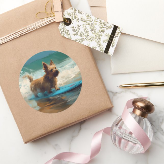 Australian Terrier Beach Surfing Painting  Classic Round Sticker (Gifting)
