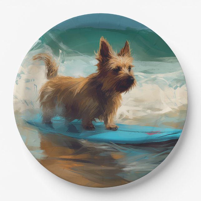 Australian Terrier Beach Surfing Painting  Paper Plate (Front)